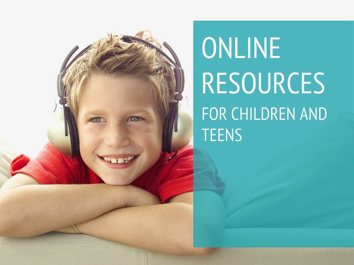 Image of a smiling young boy wearing headphones and text that states "Online Resources for Children and Teens."